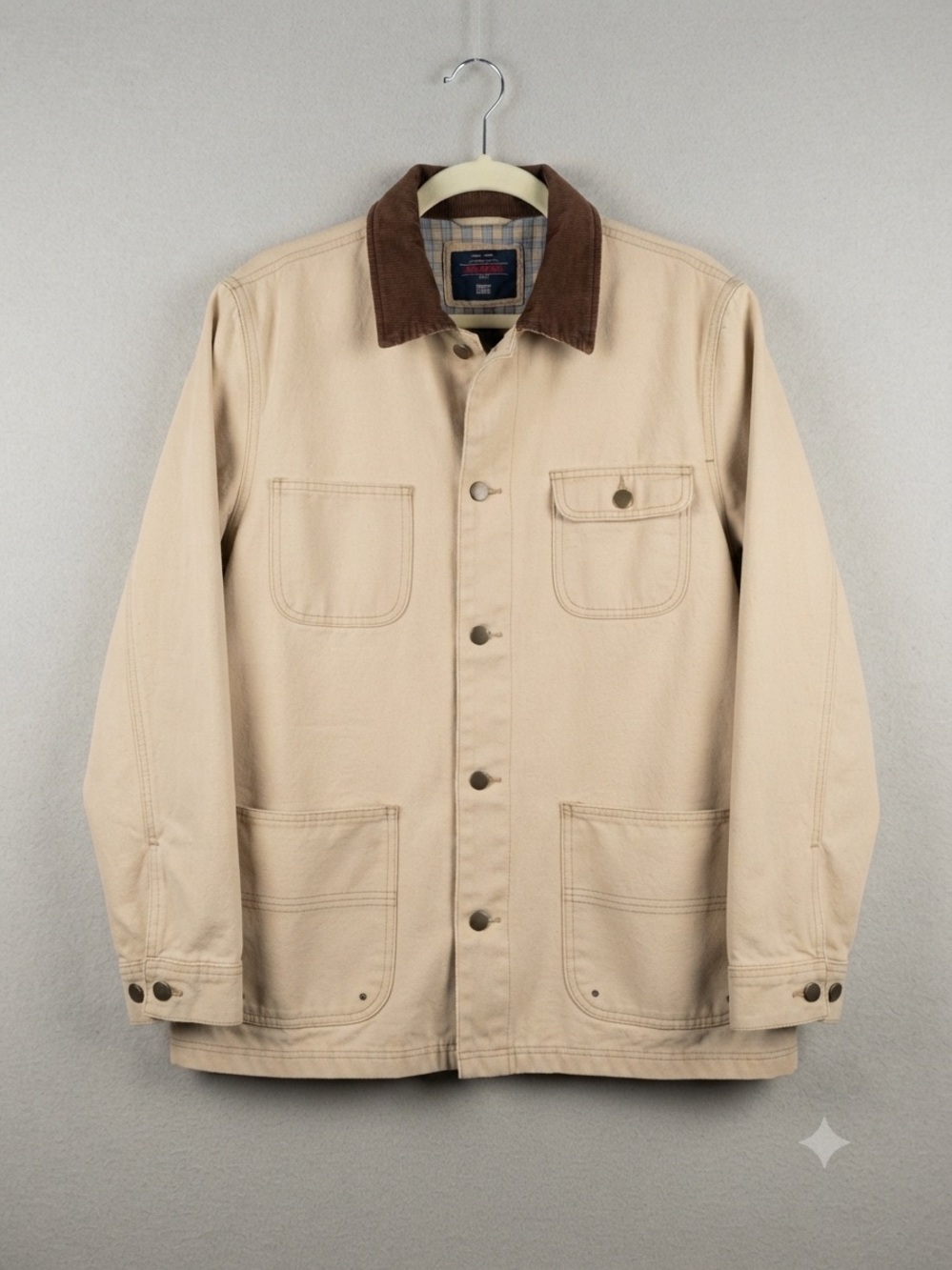 Men's Beige Workwear Jacket with Brown Corduroy Collar